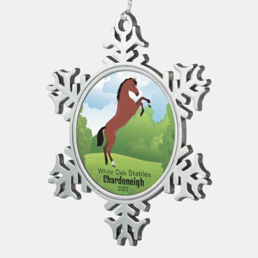 カスタマイズ可能な品種と文字を搭載した馬の形容 スノーフレークピューターオーナメント (右)