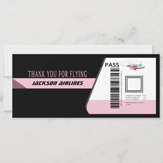 カスタマイズ可能な女の赤ちゃん飛行チケットの招待状 招待状 (裏面)