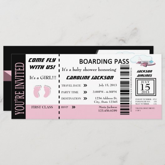 カスタマイズ可能な女の赤ちゃん飛行チケットの招待状 招待状 (正面/裏面)