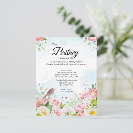 カスタマイズ可能な女性の誕生日招待状 - 編集可能 ポストカード (スタンド正面)