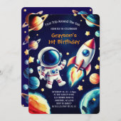 カスタマイズ可能な宇宙をテーマにした1回目の誕生日招待状 招待状 (正面/裏面)