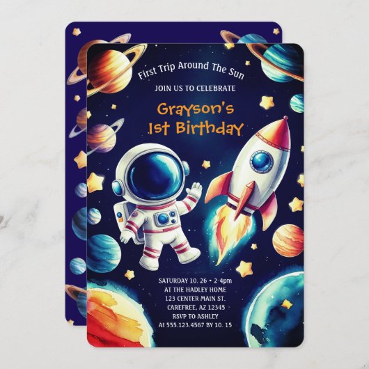 カスタマイズ可能な宇宙をテーマにした1回目の誕生日招待状 招待状 (正面/裏面)