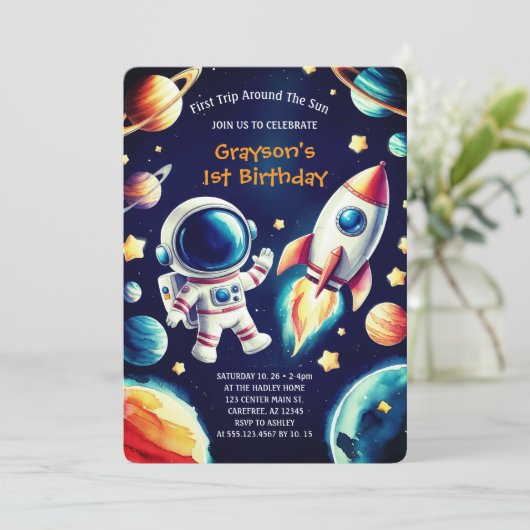 カスタマイズ可能な宇宙をテーマにした1回目の誕生日招待状 招待状 (スタンド正面)