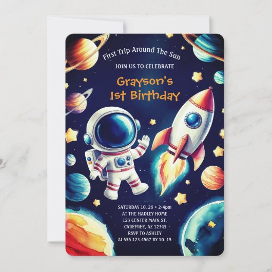 カスタマイズ可能な宇宙をテーマにした1回目の誕生日招待状 招待状 (正面)