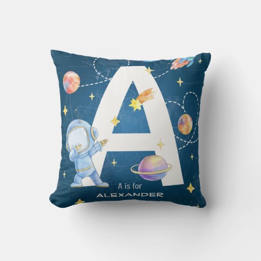 カスタマイズ可能な宇宙アドベンチャーレター'A'スローピル クッション (正面)