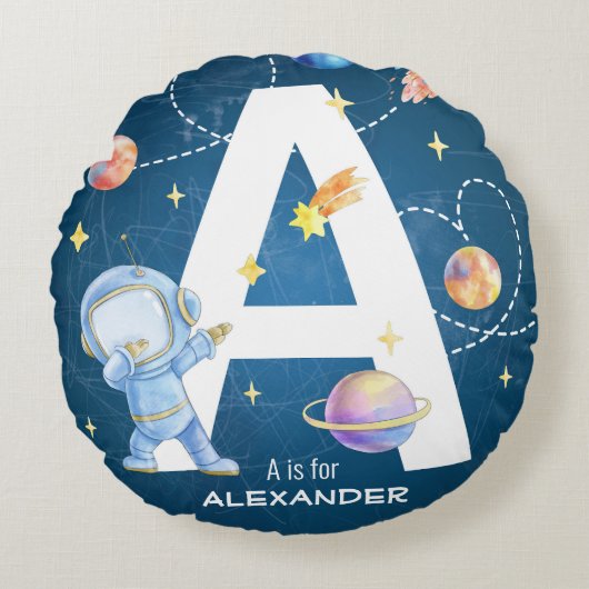 カスタマイズ可能な宇宙アドベンチャーレター'A' ラウンドクッション (正面)