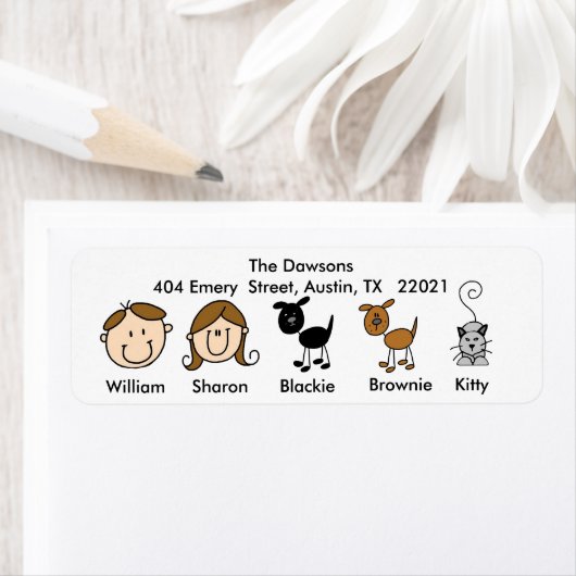 カスタマイズ可能な家族2匹の犬、1匹の猫の住所 シール (インサイチュ)