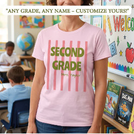 カスタマイズ可能な小学2年生ストライプ先生の名前ピンク Tシャツ