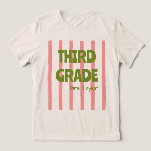 カスタマイズ可能な小学3年生ストライプ教師名ピンク トライブレンドTシャツ (デザイン正面)