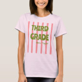 カスタマイズ可能な小学3年生ストライプ教師名ピンク Tシャツ (正面)