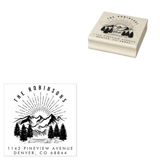 カスタマイズ可能な山と松の木の差出人住所 ラバースタンプ (押印)