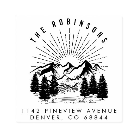 カスタマイズ可能な山と松の木の差出人住所 ラバースタンプ (インプリント)