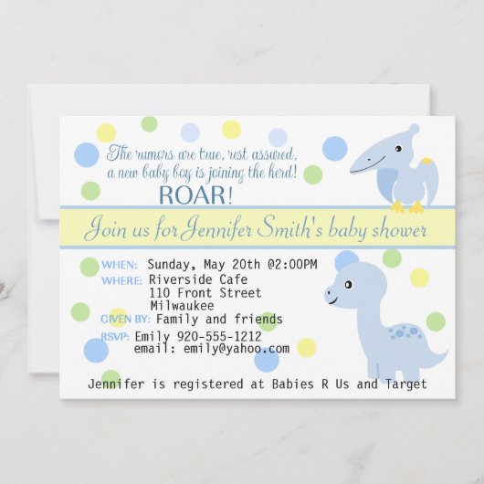 カスタマイズ可能な恐竜の男の赤ちゃんのシャワーの招待状 招待状 (正面)