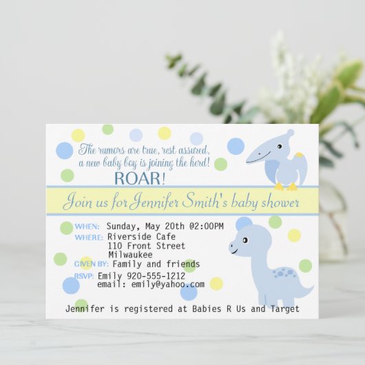 カスタマイズ可能な恐竜の男の赤ちゃんのシャワーの招待状 招待状 (スタンド正面)