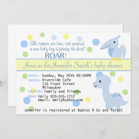 カスタマイズ可能な恐竜の男の赤ちゃんのシャワーの招待状 招待状 (正面/裏面)