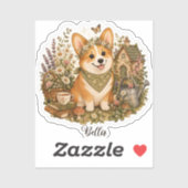 カスタマイズ可能な愛犬の名前入り コーギーの野の花と可愛いコテージ シール (シート)