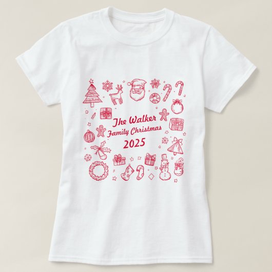 カスタマイズ可能な手描きのクリスマスの落書き家族デザイン Tシャツ (デザイン正面)