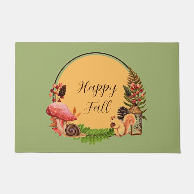 カスタマイズ可能な文字を備えたリスと自然 ドアマット (正面)