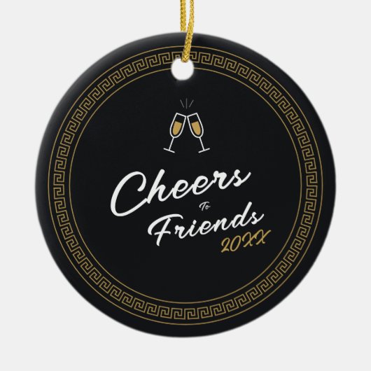 カスタマイズ可能な新年のブラック&金ゴールドギリシャのメーンダー セラミックオーナメント (正面)