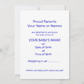 カスタマイズ可能な新生児ボーイ発表写真カード 案内状 (裏面)