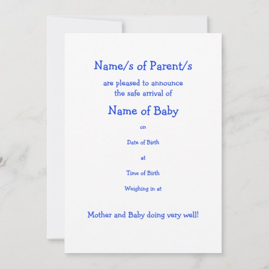 カスタマイズ可能な新生児ボーイ発表写真カード 案内状 (裏面)