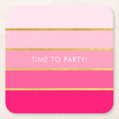 カスタマイズ可能な明るいピンクと金ゴールドストライプ スクエアペーパーコースター (正面)