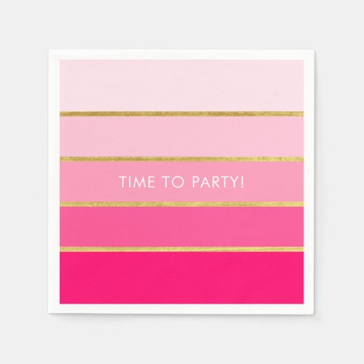 カスタマイズ可能な明るいピンクと金ゴールドストライプ スタンダードカクテルナプキン (正面)