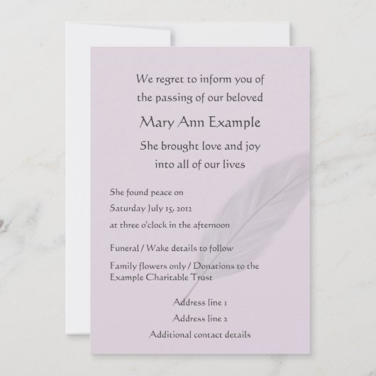 カスタマイズ可能な死の発表(羽根) 招待状 (裏面)