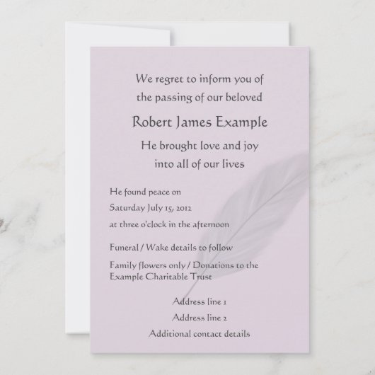 カスタマイズ可能な死の発表(羽根) 案内状 (裏面)