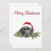 カスタマイズ可能な水彩画のサンタ黒ラブ シーズンカード (正面/裏面)