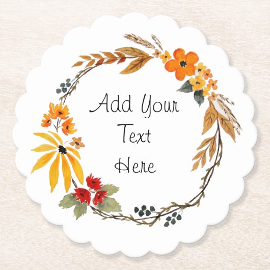 カスタマイズ可能な水彩秋リースコースター ペーパーコースター (正面)
