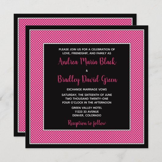 カスタマイズ可能な水玉模様結婚式招待状 – ピンク 招待状 (正面/裏面)