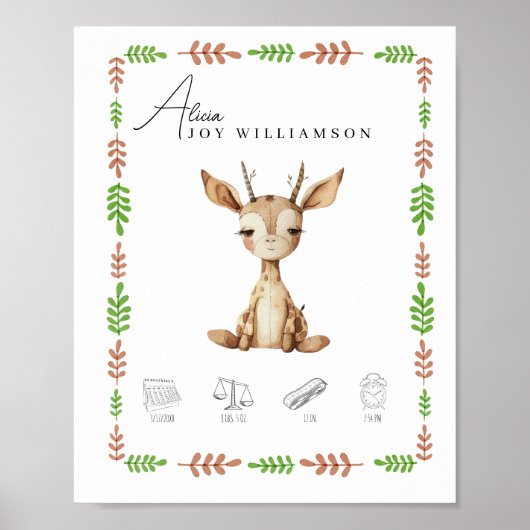 カスタマイズ可能な水色ベビーキリン誕生詳細 ポスター (正面)