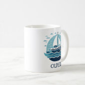 カスタマイズ可能な海の可愛い青い帆船 コーヒーマグカップ (正面右)