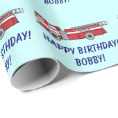 カスタマイズ可能な消防車のハッピーバースデーの名前 ラッピングペーパー (ロールコーナー)