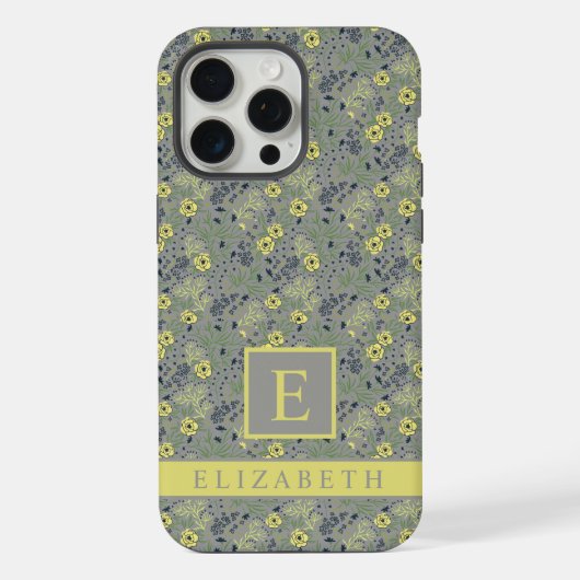 カスタマイズ可能な灰色の緑のフローラ黄色の花 iPhoneケース (裏面)