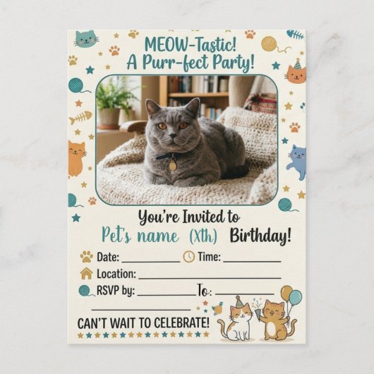 カスタマイズ可能な猫の誕生日招待状(写真付き) インビテーションポストカード (正面)