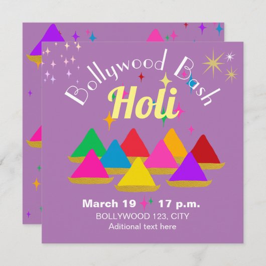カスタマイズ可能な現代的なホーリー祭りの色 紫 招待状 (正面/裏面)
