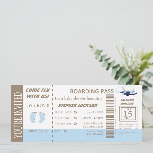カスタマイズ可能な男の赤ちゃん飛行チケットの招待状 招待状 (スタンド正面)