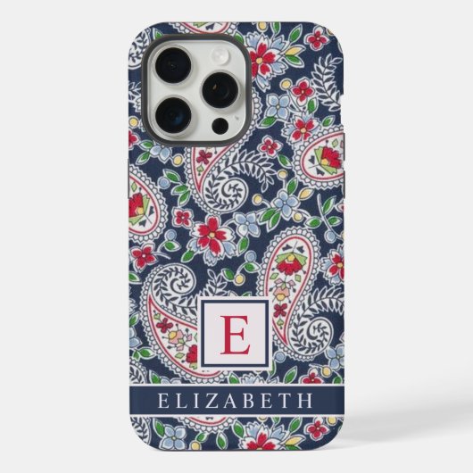 カスタマイズ可能な白い青の赤いペイズリーパターン iPhoneケース (裏面)