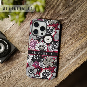 カスタマイズ可能な白い黒の赤いフローラの花 iPhone 15 PRO MAXケース