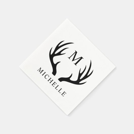 カスタマイズ可能な白と黒の鹿の角のイニシャル スタンダードカクテルナプキン (角)