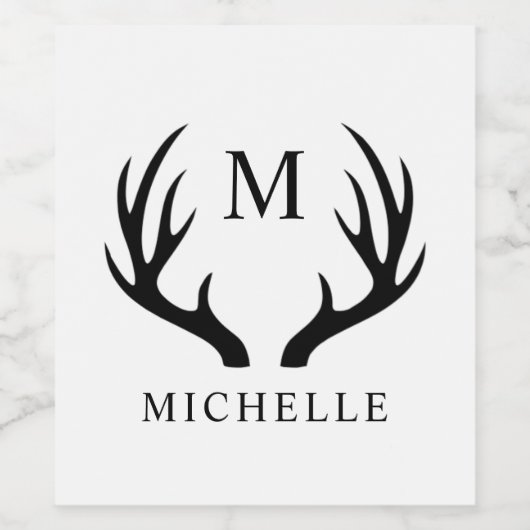 カスタマイズ可能な白と黒の鹿の角のモノグラム ワインラベル (シングルラベル)