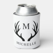 カスタマイズ可能な白と黒の鹿の角のモノグラム 缶クーラー (缶正面)