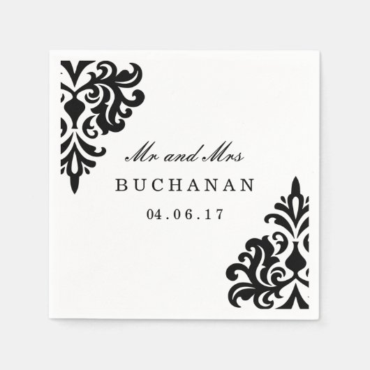 カスタマイズ可能な白黒ダマスクナプキン スタンダードカクテルナプキン (正面)