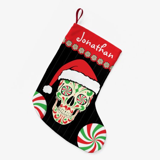 カスタマイズ可能な砂糖のスカルサンタ スモールクリスマスストッキング (正面 (吊り時))