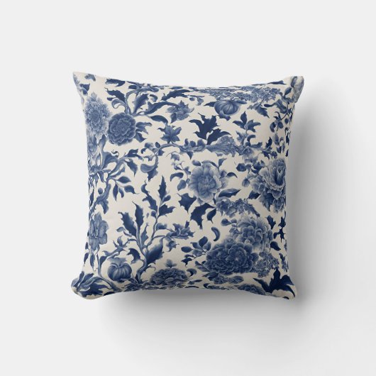 カスタマイズ可能な磁器エレガンス：青いフローラ クッション (正面)