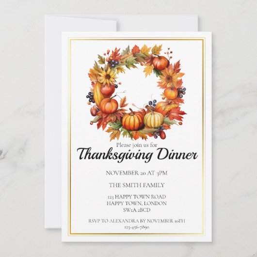 カスタマイズ可能な秋のリース 感謝祭の食事 招待状 (正面)