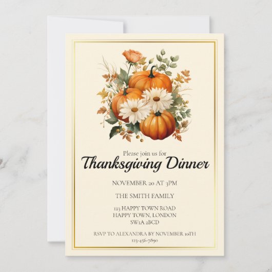 カスタマイズ可能な秋カボチャ感謝祭ディナー 招待状 (正面)