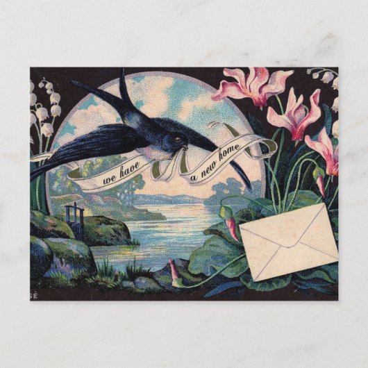 カスタマイズ可能な移動告知//ヴィンテージバード 案内ポストカード (正面)